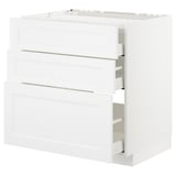 Dieses Bild zeigt einen weißen IKEA METOD Küchenschrank mit drei ausziehbaren Schubladen, der für eine organisierte Aufbewahrung mit einem modernen und sauberen Look konzipiert ist.
