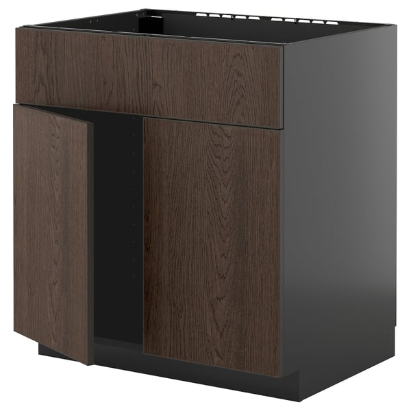 Dunkles Holz ikea METOD Küchenschrank. Quadratisches, modernes Design mit zwei Türen und ohne Verdeck.