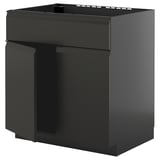 Moderner schwarzer Küchenschrank, quadratisch, mit klaren Linien und schlankem Design.