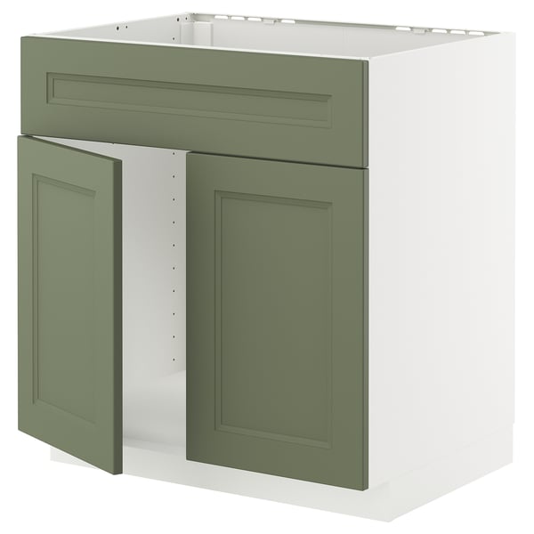 Grüner Küchenschrank, weißes Interieur. Zertifizierte Möbel mit modernem, klassischem Design.