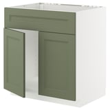Grüner Küchenschrank, weißes Interieur. Zertifizierte Möbel mit modernem, klassischem Design.