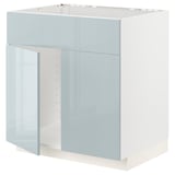 Weißer METOD-Küchenschrank mit glänzenden blaugrauen Türen, rechteckige Form.
