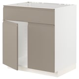 Ein beige-grauer METOD Küchenschrank mit modernem, grifflosem Design und abgeschrägter Kante.