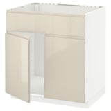 Moderne beige METOD-Küchenzeile mit Hochglanz-Finish und integrierten Griffen.