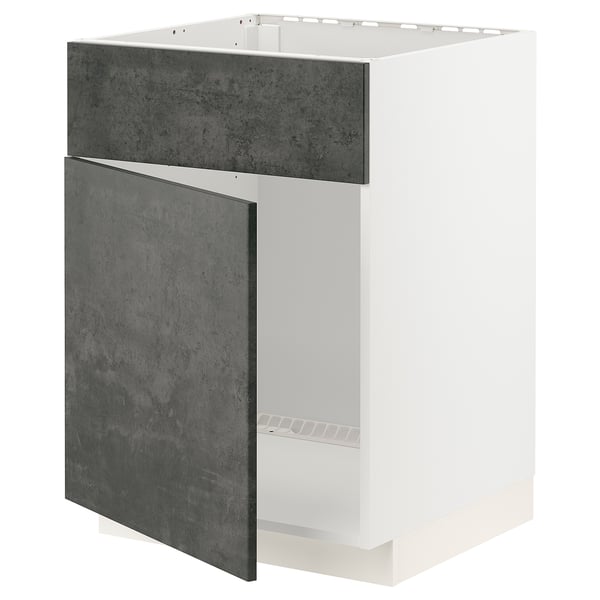Ein weißer METOD-Küchenschrank mit einer dunkelgrauen Tür in Betonoptik, mit klaren Linien und modernem Design.