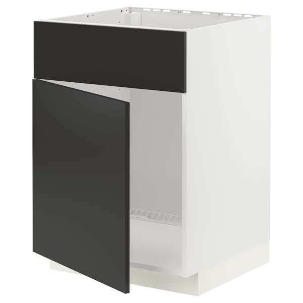 Dieses Bild zeigt einen IKEA METOD Küchenschrank in Weiß und Schwarz. Es handelt sich um eine Rahmenkonstruktion mit modernem Design und einem Gebrauchsregal im Inneren.