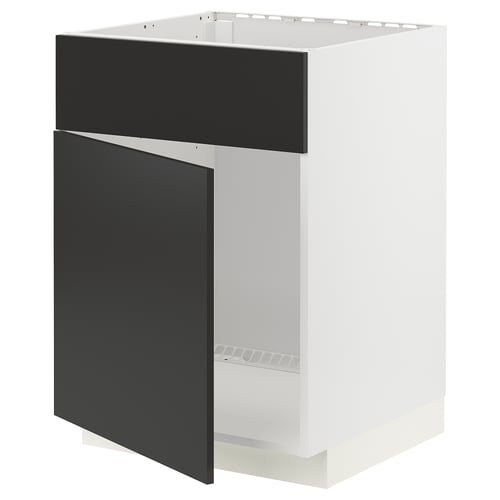 Dieses Bild zeigt einen IKEA METOD Küchenschrank in Weiß und Schwarz. Es handelt sich um eine Rahmenkonstruktion mit modernem Design und einem Gebrauchsregal im Inneren.
