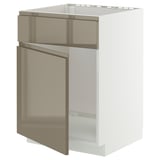 Weißer METOD-Schrank mit dunkelgrau-braun glänzenden Metallic-Türen, schlankem Design ohne Griff, stabilem Rahmen.