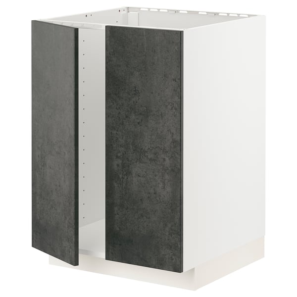 Weißer und dunkelgrauer moderner Küchenschrank mit minimalistischem Design, flachen Oberflächen und klaren Linien.