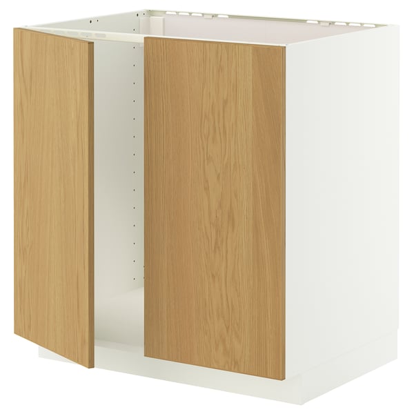 Ein weißer METOD-Schrank mit Holztüren, mit einem stabilen Rahmen und Schnappscharnieren, der für einen eingebauten Backofen oder eine Spüle konzipiert ist.