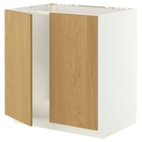 Ein weißer METOD-Schrank mit Holztüren, mit einem stabilen Rahmen und Schnappscharnieren, der für einen eingebauten Backofen oder eine Spüle konzipiert ist.