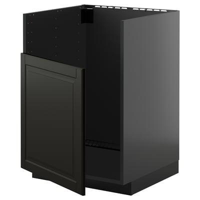 Schwarzer Küchenschrank, modernes Design, quadratische Form mit flachen Paneelen, Teil des METOD-Systems.