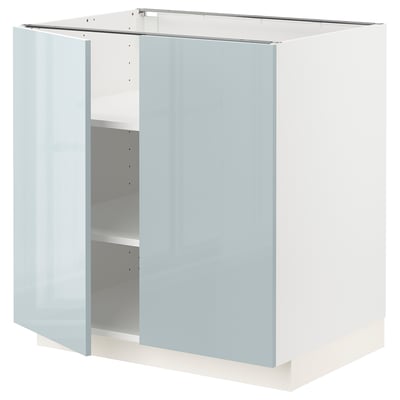 Ein moderner, hochglänzender grau-blauer Schrank von ikeas METOD Küchensystem.