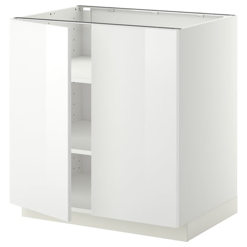 Ein weißer IKEA METOD Küchenschrank. Es ist rechteckig, hat eine glänzende Oberfläche und ein offenes Regal.