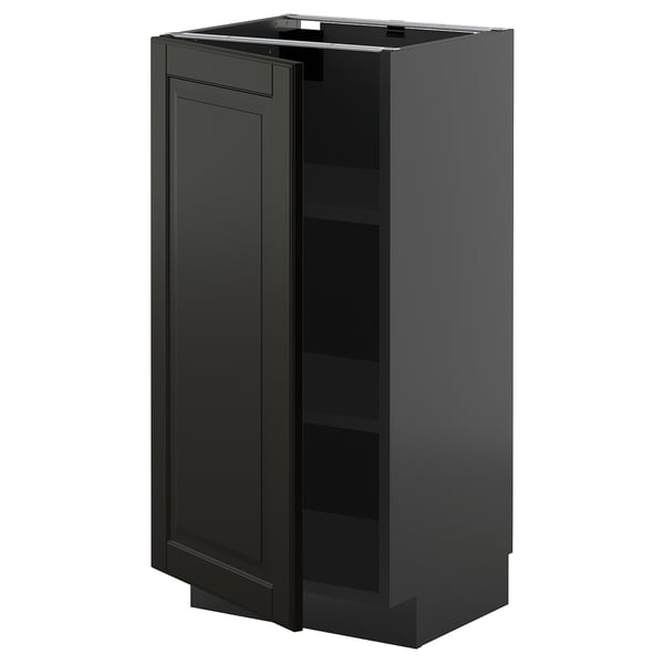 Schwarzer METOD-Küchenschrank mit glänzender Tür, quadratischer Form und verstellbaren Regalen.