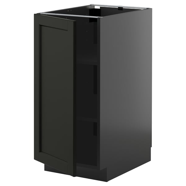 Moderner schwarzer Küchenschrank mit einer Tür, quadratischer Form und schlankem Design.