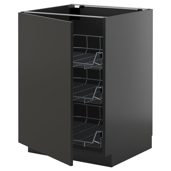 Ein schwarzer ikea METOD Küchenschrank in modernem Design. Der Schrank ist hoch und verfügt über mehrere Drahtböden.