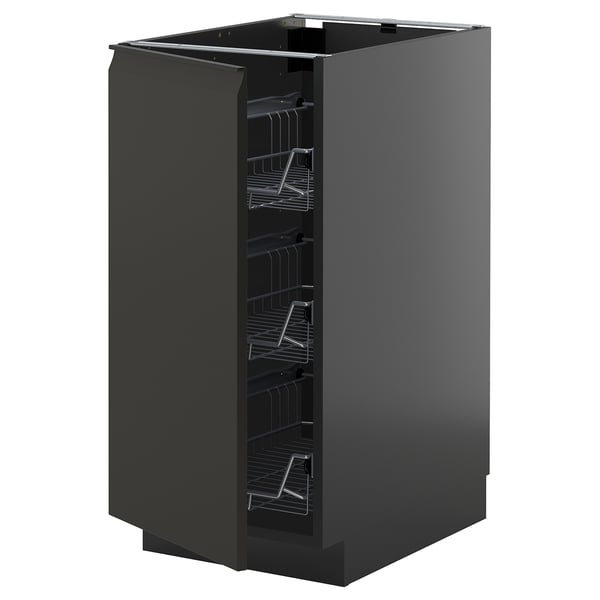 Schwarzer Küchenschrank, modernes Design, mit glänzenden Türen und Gitterrosten im Inneren.