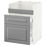 Moderner grauer Küchenschrank, weißes Interieur, drei Schubladen, abgeschrägte Kanten.