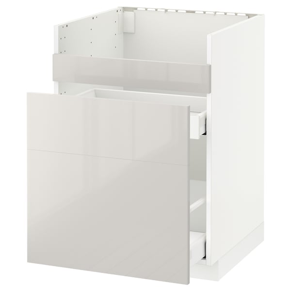 Ein weißer METOD-Küchenschrank mit glatten Schubladen. Es ist modern und leicht zu reinigen, mit Hochglanzfronten.