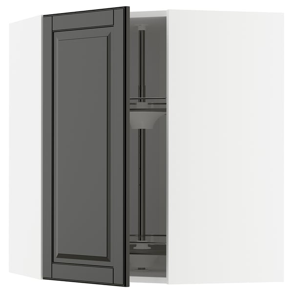 Moderner schwarzer Küchenschrank mit einem Glaskarusselleinsatz.