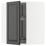 Moderner schwarzer Küchenschrank mit einem Glaskarusselleinsatz.