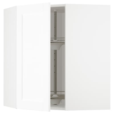 Weißer METOD-Küchenschrank mit verstellbarem Regal und Karussell aus klarem Glas.