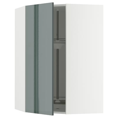Ein moderner Küchenschrank von METOD in hochglänzendem Graugrün mit Eckkarussell zur Aufbewahrung.