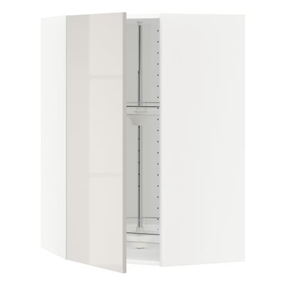 Ein weißer METOD-Eckschrank mit modernem Design. Er verfügt über eine verstellbare Ablage und eine Hochglanzoberfläche.