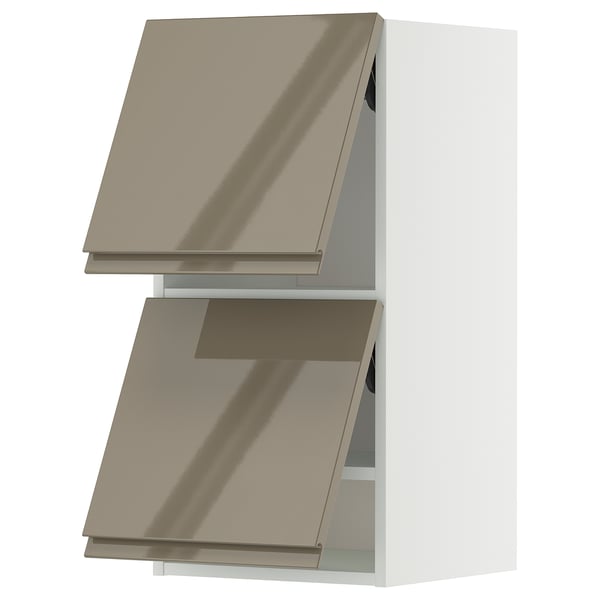 Moderner Küchenschrank in Beige mit glänzender Oberfläche, schlankem Design und integrierten Griffen.