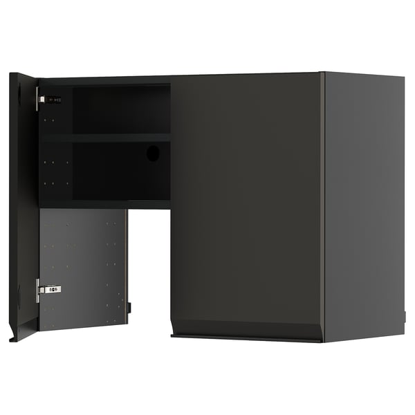 Schwarzer Küchenschrank mit offener Tür. Modernes Design, mattes Finish. Verstellbares Regal, Metallgriff. Stabiler Rahmen, Spanplatte.