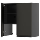 Schwarzer METOD-Küchenschrank, modernes Design, matte Oberfläche, quadratische Form, mit integriertem Griff, offene Tür, die die Innenböden freigibt.