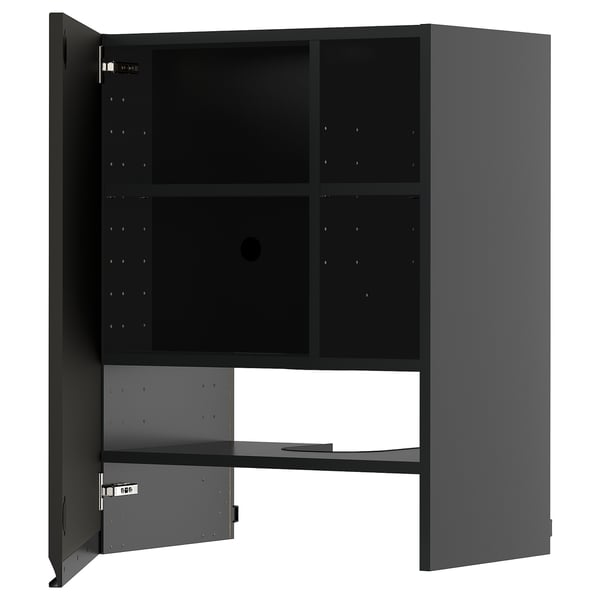 Schwarzer Küchenschrank mit offener linker Tür, verstellbarem Regal innen, modernem Design.