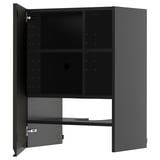 Schwarzer Küchenschrank mit offener linker Tür, verstellbarem Regal innen, modernem Design.
