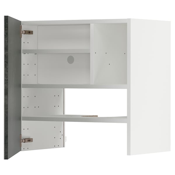 Weißer METOD-Schrank, minimalistisches Design, verstellbare Regale, graue Scharniere.