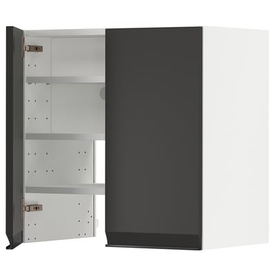Moderner schwarz-weißer Schrank mit verstellbaren Regalen. Schlankes, mattes Finish, Metallscharniere, rechteckige Form.