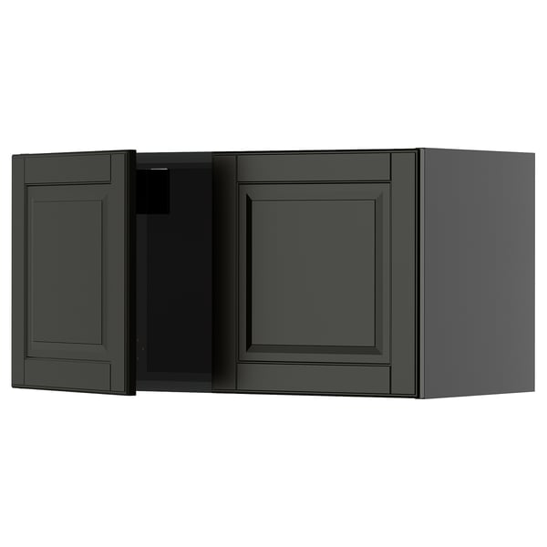 Dunkelgrauer Küchenschrank mit quadratischen Türen und abgeschrägten Kanten.
