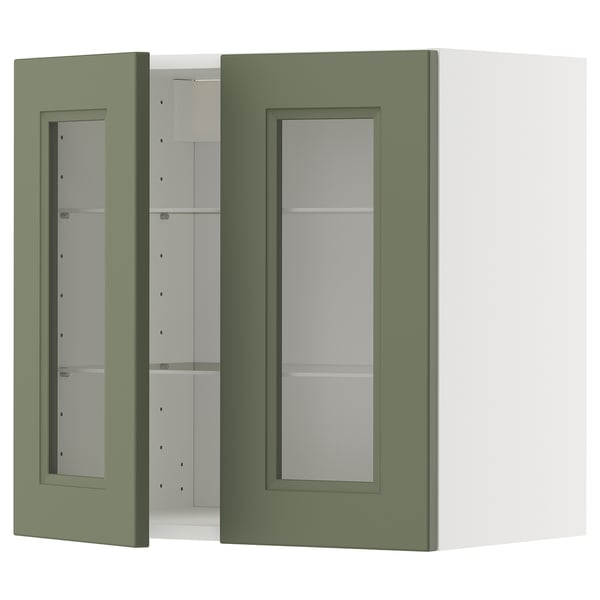 Grüner Glastürschrank, moderne Küchenaufbewahrung. Rechteckige Form, verstellbare Regale.