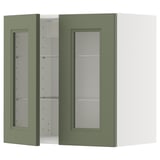 Grüner Glastürschrank, moderne Küchenaufbewahrung. Rechteckige Form, verstellbare Regale.