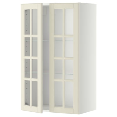 Weißer METOD-Küchenschrank mit Glastüren, quadratischer Form, Spanplattenrahmen, verstellbaren Regalen, abgeschrägtem Glas.