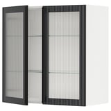 Moderner schwarzer Küchenschrank mit Milchglastüren und weißem Interieur, rechteckigem und schlankem Design.
