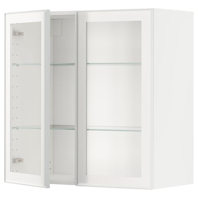METOD weißer moderner Glastürschrank mit verstellbarem Regal, Aluminiumrahmen.