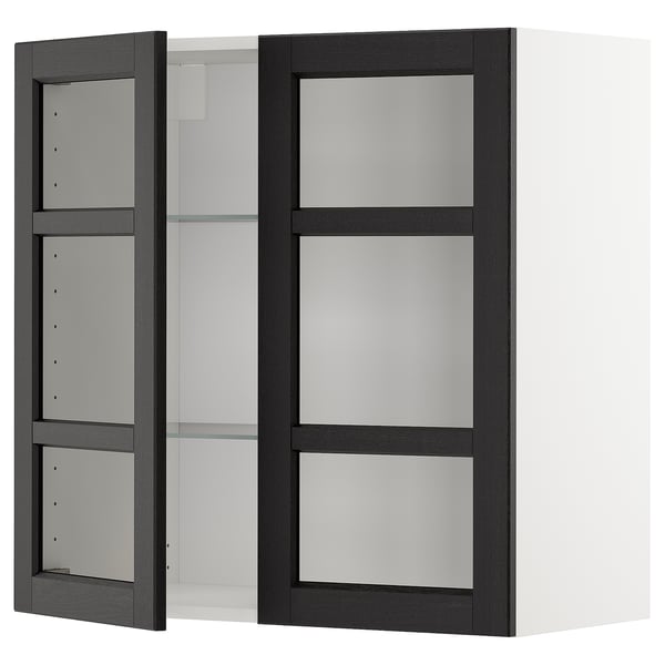 Schwarzer Holzschrank mit Milchglastüren und verstellbaren Regalen.