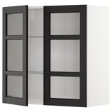 Schwarzer Holzschrank mit Milchglastüren und verstellbaren Regalen.
