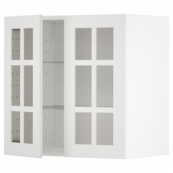 Weißer METOD-Küchenschrank mit Glastüren. Modernes Design, quadratische Rahmen, Scheiben aus gehärtetem Glas.