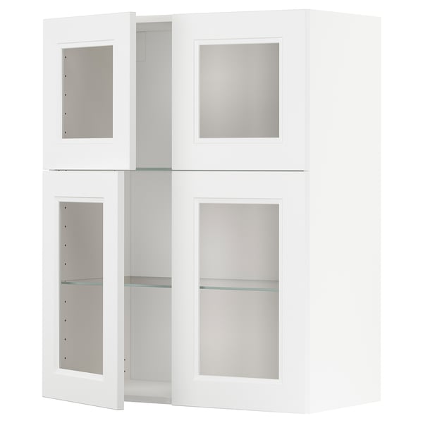 Weißer METOD-Küchenschrank mit Glastüren und Regalen.