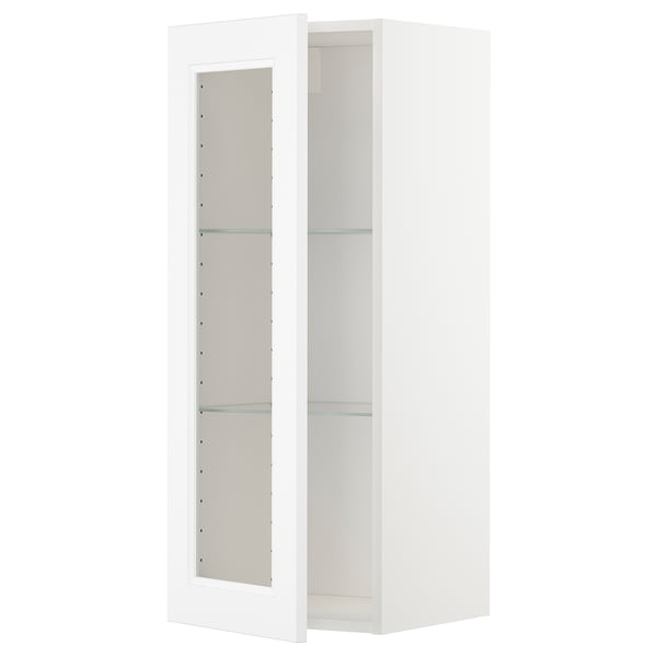 Dieses Bild zeigt einen weißen METOD-Küchenschrank mit Glastüren in einem schlanken, rechteckigen Design.