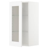 Ein weißer METOD Küchen-Wandschrank mit Glasböden, modernes Design.