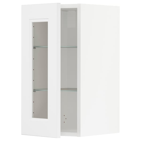 Weißer METOD-Wandschrank mit Glastüren und verstellbaren Glasböden.