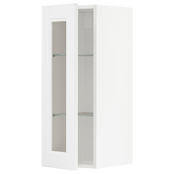 Weißer METOD-Schrank mit Glastüren und Regalen.